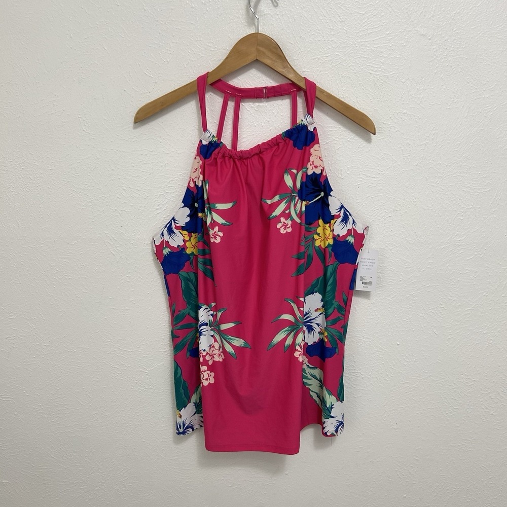 NEW SWIM BY CACIQUE 18 TROPICAL PINK BLOUSON TANKINI TOP W/ BUILT-IN NO-WIRE BRA